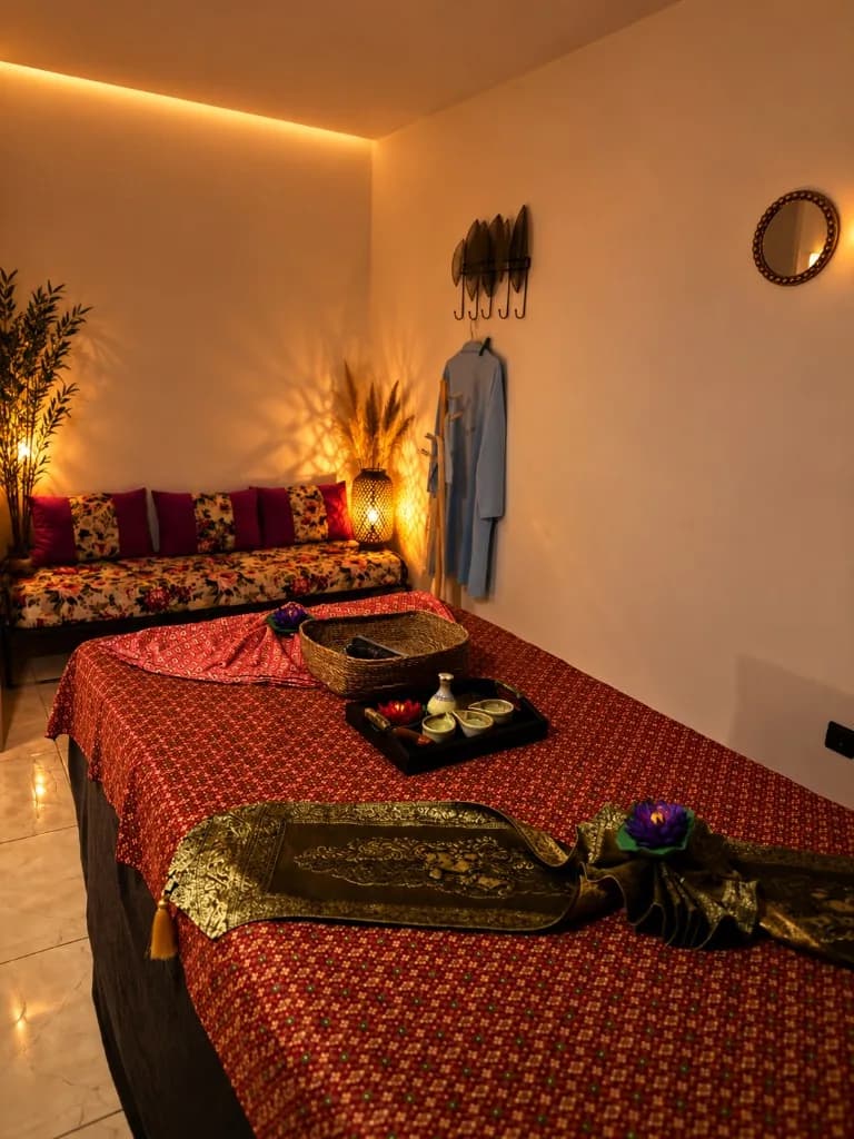 Treatment room with a massage table and a lounge sofa
