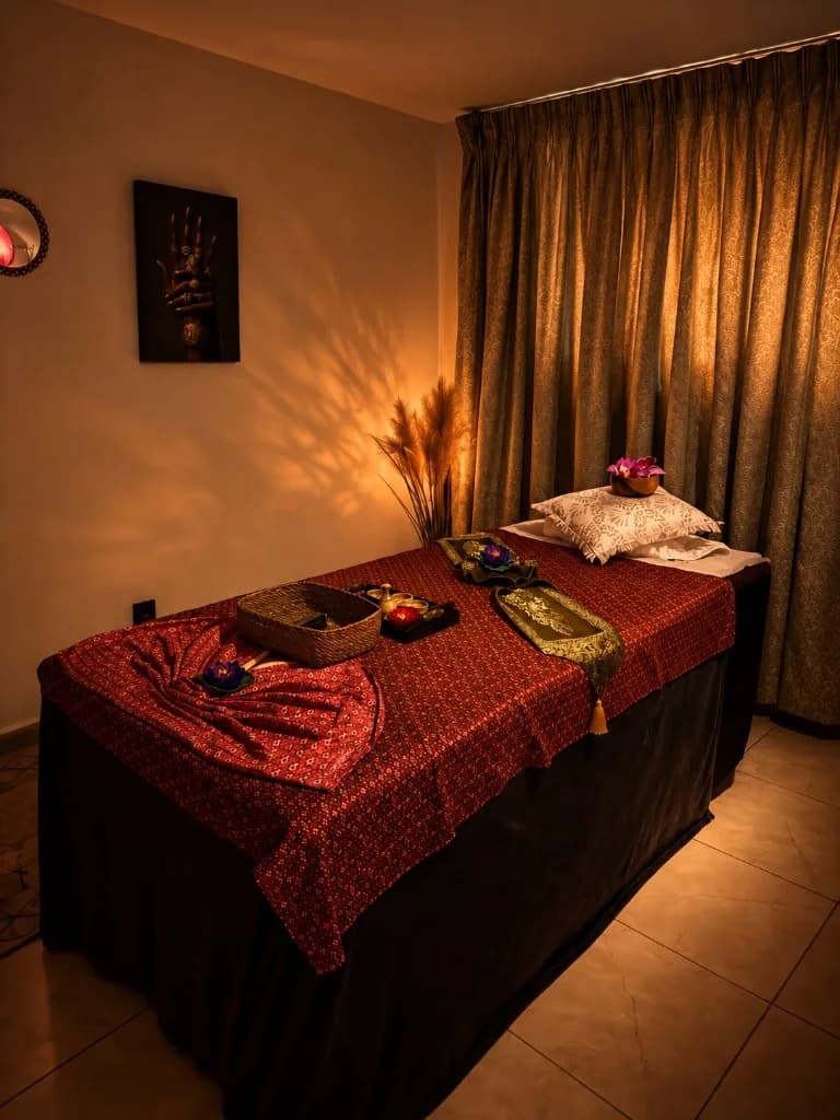 Candle-lit massage room with lotus flowers