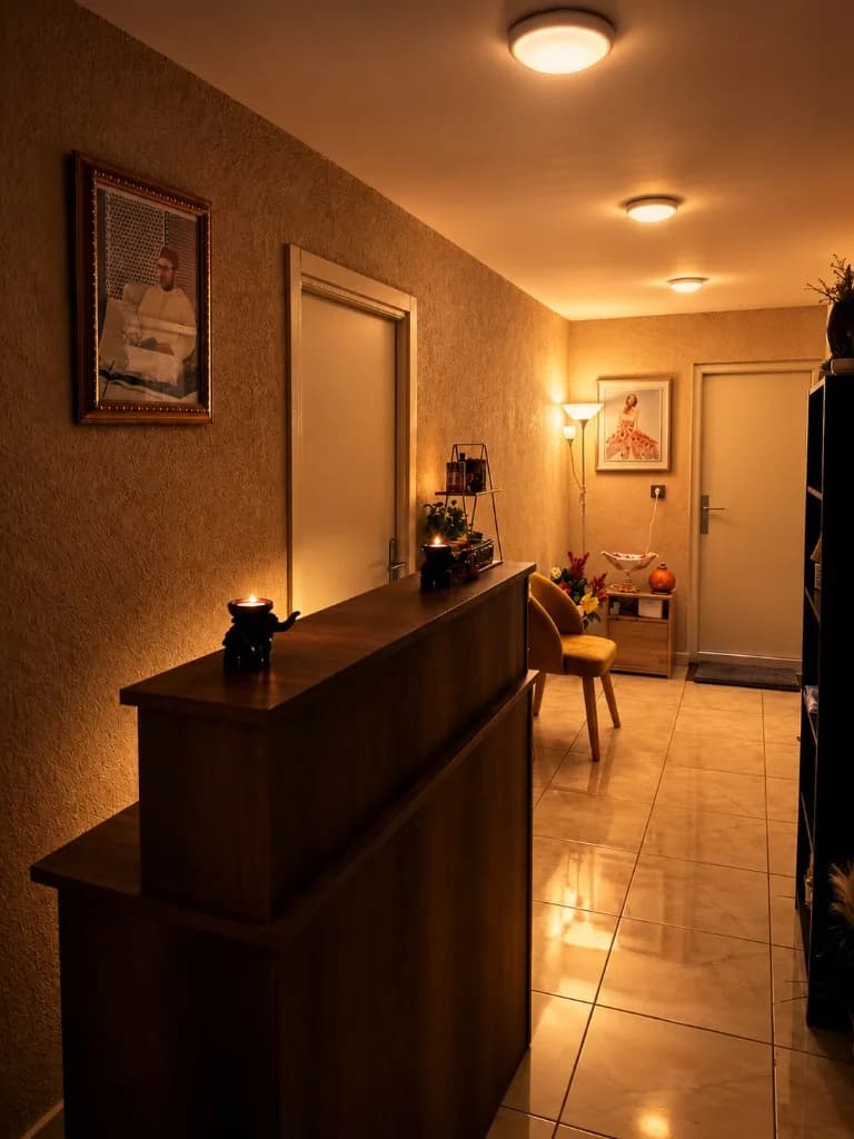 Reception desk in the warm-lit hallway