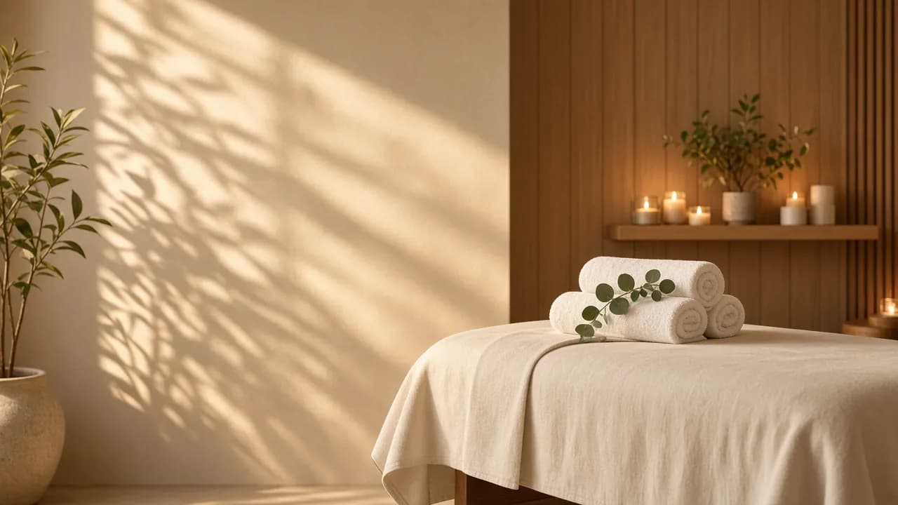 Spa treatment room with a massage table, rolled towels and candles