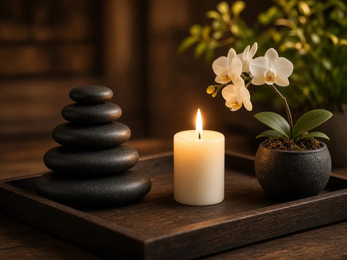 Zen stones, candle and orchid